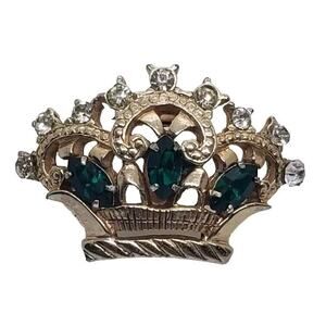 Vintage Fur Clip Crown Royalty Rhinestones Gold Wash High End 1950s